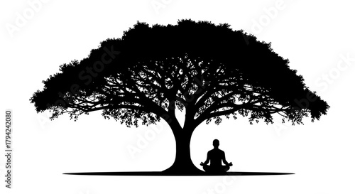 Silhouette of a person meditating under a large tree peaceful yoga and relaxation concept vector illustration isolated on white