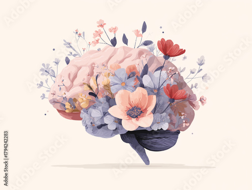 Floral brain art with pastel flowers blossoming around human mind