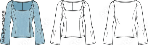 Square neckline top front and back view, flared sleeve detail, dart and seam lines, cad drawing flat vector illustration