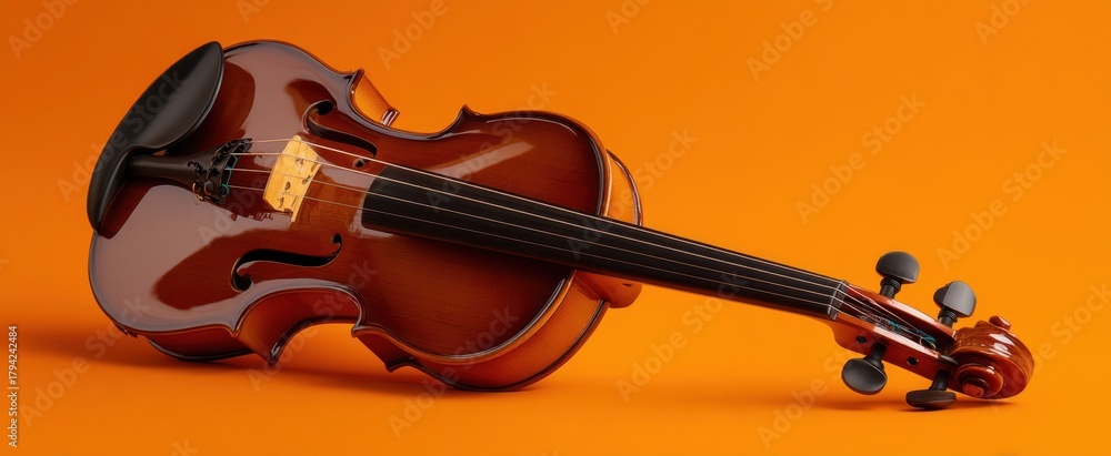 Fototapeta premium The Violin Lying on a Vibrant Orange Background with Soft Studio Lighting