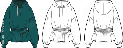 Hooded peplum sweatshirt front and back view, puff sleeve, gathered waist detail, cad drawing flat vector illustration, fashion sketch