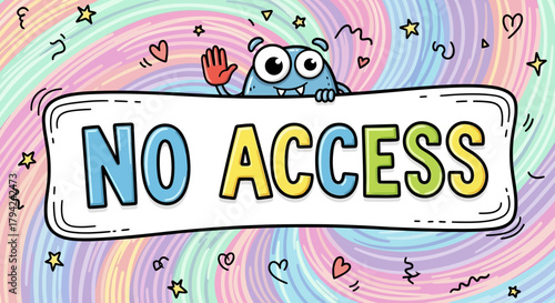 Cute cartoon monster holding a no access sign colorful vector illustration for social media and website content isolated on swirl background