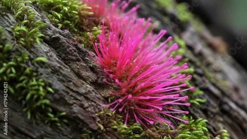 Close-up of a bright pink flower with numerous stamens growing on a moss-covered tree bark, showcasing natural textures and vibrant color.