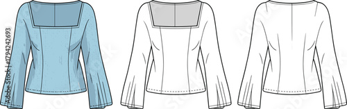 Women’s blouse front and back view, square neckline, flared sleeve detail, fashion flat sketch, cad drawing flat vector illustration