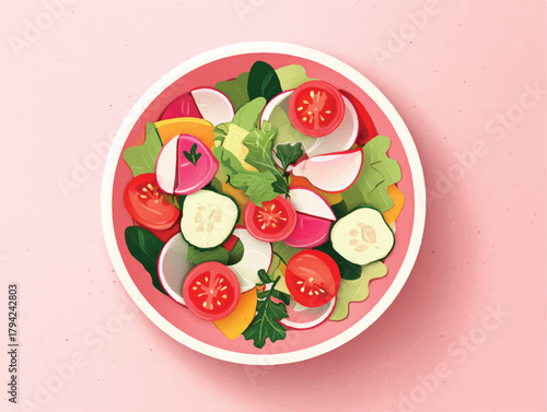 Fresh and colorful vegetable salad in pink bowl for healthy eating