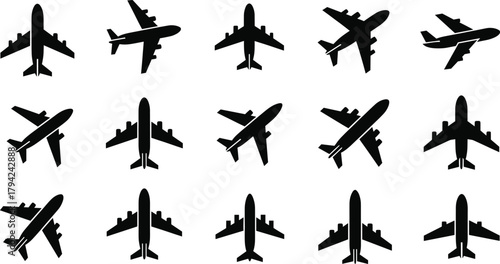 Airplane silhouette collection, aviation angles, aircraft icons, top view, side view, black plane shapes, flight symbols, vector illustration, transport graphics