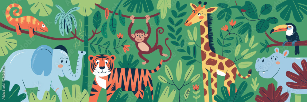 Naklejka premium Jungle animals cartoon vector, tropical forest wildlife illustration, kids nature education art, colorful fauna, monkey elephant tiger giraffe toucan