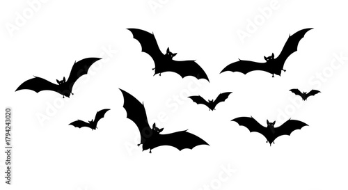 Silhouette of bats flying a spooky vector illustration isolated on white background for Halloween designs and decorations