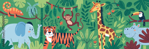 Jungle animals cartoon vector, tropical forest wildlife illustration, kids nature education art, colorful fauna, monkey elephant tiger giraffe toucan