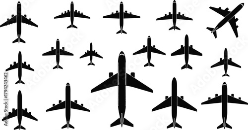Black airplane silhouettes collection, aviation icons, commercial aircraft top view, flight design elements, isolated jet shapes, white background graphic