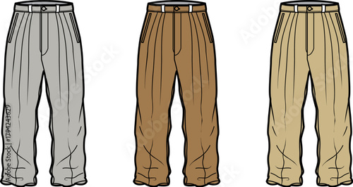 Collection of three different colored pants grey, brown, and tan, each featuring pleats and a belt