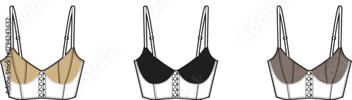 Three stylish bra designs in different colors showcasing lingerie fashion and undergarment details