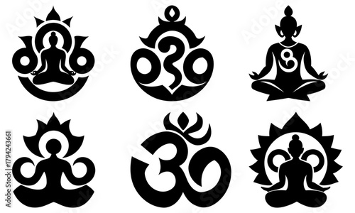 Spiritual Om Symbols for Meditation and Yoga, Peaceful Designs for Wellness and Enlightenment, Black and White for Graphic Design and Creative Projects
