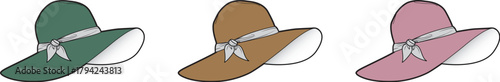 Set of Colorful Sun Hats with Bows and Ribbons in Green, Brown, and Pink for Fashion
