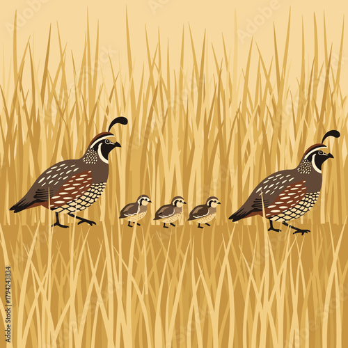 Charming illustration of a California quail family with two adult birds and three small chicks walking through tall golden grass.
