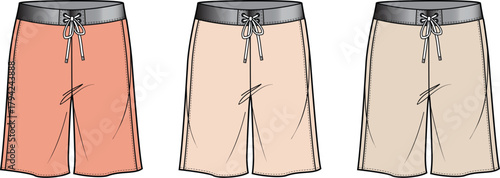 Set of Three Different Color Board Shorts Flat Vector Illustration Isolated on White Background