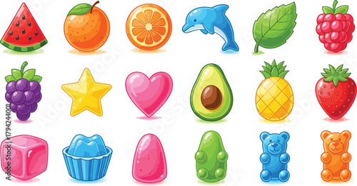 Vector Collection of Glossy Candy and Fruit Icons: Featuring Gummy Bears, Watermelon, Orange, Pineapple, Avocado, Star, and Heart Shapes, Ideal for Sweet and Game Designs