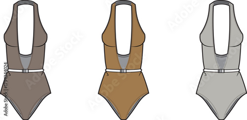 Swimsuit Fashion Design Illustration Collection of One-Piece Swimsuits in Various Colors and Styles