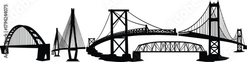 Bridge silhouettes collection, tied-arch, cable-stayed, cantilever, truss, suspension, engineering structures, black vector icons, construction, architecture, infrastructure, transportation