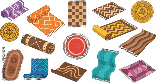 Vector Illustration Set of Diverse Area Rugs and Carpets: Featuring Rolled, Round, and Rectangular Floor Mats with Fringe and Geometric Patterns for Home Decor and Interior Design