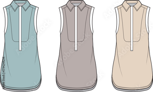 Three stylish sleeveless tunics in soft pastel colors, perfect for summer wear and fashion
