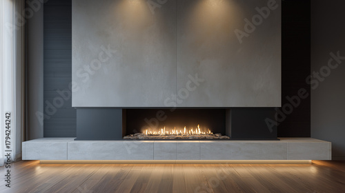 Modern minimalist fireplace built into elegant concrete wall, warm ambient lighting creating cozy luxury interior atmosphere ideal for architecture, home design and premium lifestyle imagery