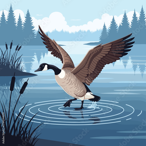 Majestic Canada goose with wings spread, landing on a tranquil lake with ripples, surrounded by cattails and a pine forest.