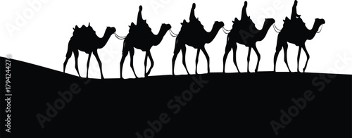 Silhouettes of camels with riders traversing a desert landscape under a bright sky.
