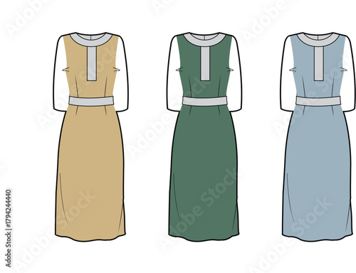 Fashion illustration of three different colored long dresses featuring contrasting sleeves and necklines with waist belts