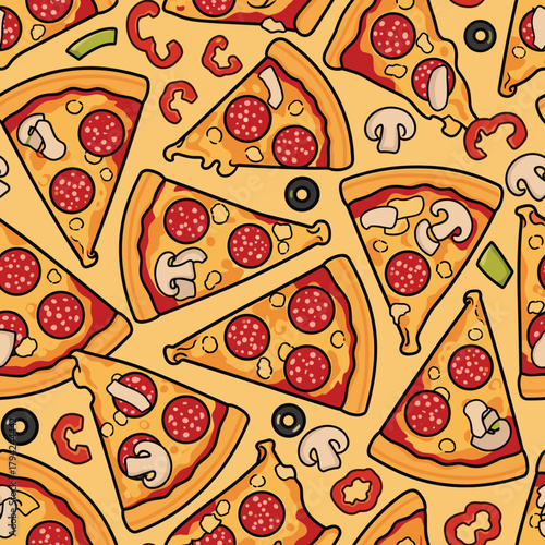 Delicious seamless food pattern featuring scattered slices of pepperoni and mushroom pizza on a cheesy yellow-orange background.