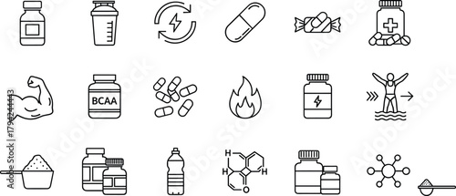 A diverse vector line icon set representing sports nutrition, supplements, muscle building, fitness, energy, vitamins, and health products for athletic training and wellness.