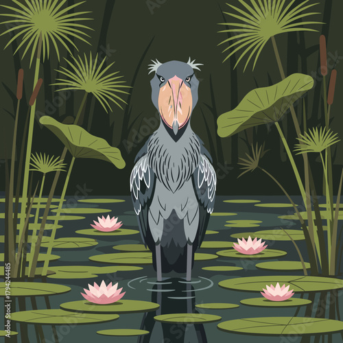 Prehistoric-looking shoebill stork standing motionless among water lilies in a dark and atmospheric swamp at night or dusk.