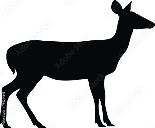 Elegant black silhouette of a deer standing calmly in profile against a white background