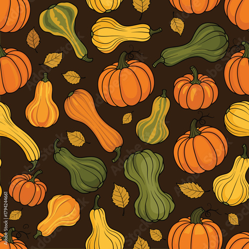 Seamless autumn pattern featuring a variety of pumpkins, gourds, and squashes in different shapes and colors on a dark background.
