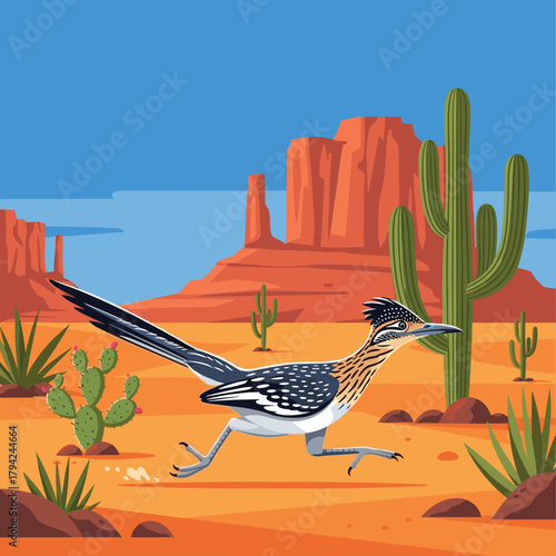 Greater roadrunner bird running through a classic desert landscape with saguaro cacti, buttes, and a bright blue sky.