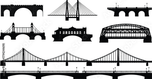 Bridge silhouettes, architectural styles, suspension, truss, arch, cable-stayed, covered bridge, engineering, infrastructure, black icons, vector, construction
