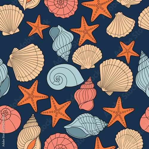 Seamless nautical pattern with a variety of colorful hand-drawn seashells, conches, and orange starfish on a dark blue background.