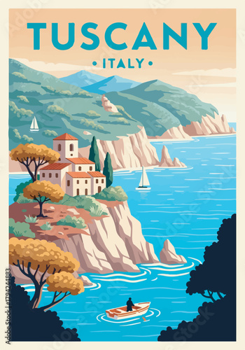 Retro Italy travel poster illustration TUSCANY with Mediterranean coastal cliffs and villa
