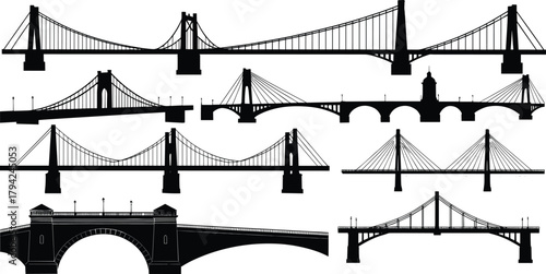 Bridge silhouettes, suspension bridge, arch bridge, cable-stayed bridge, truss bridge, civil engineering, architecture, infrastructure, black vector illustration, design elements