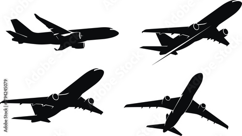 Commercial airplane silhouette, aviation vector, aircraft icon, flight illustration, jet plane graphic, black airplane shape, air travel design, transportation art