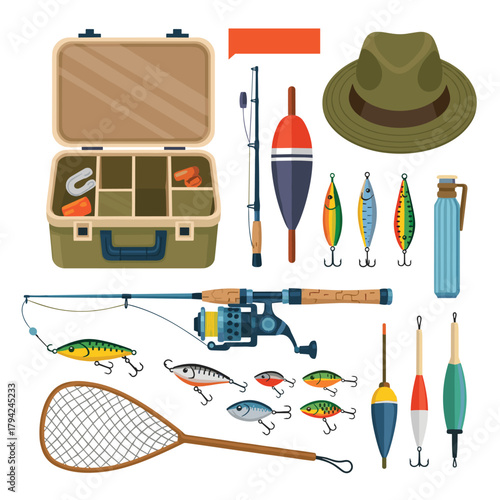 Large collection of fishing gear and equipment, including rods, lures, bobbers, a tackle box, a net, and a fisherman's hat.