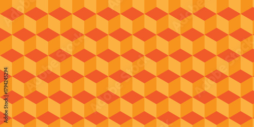 Red and orange cube seamless creative pattern. paper cubes decoration triangle wall and wallpaper. textile vector square tile, mosaic endless repeat hexagon block texture background.	
