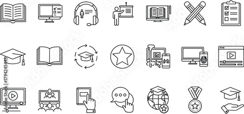Essential vector line icons representing modern e-learning, distance education, academic courses, online training, graduation, and digital knowledge transfer for technology interfaces.