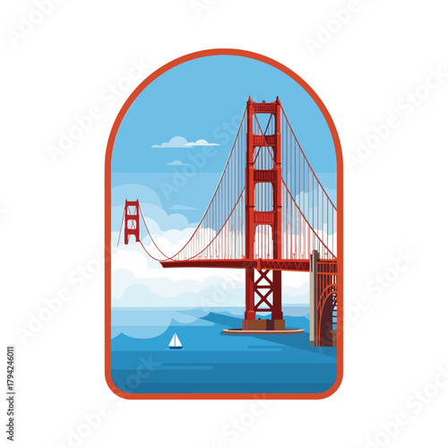 Iconic Golden Gate Bridge in San Francisco, California, shown on a clear day with clouds and a sailboat in the bay.