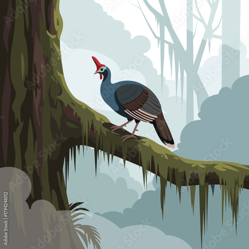 Horned guan, a rare and endangered bird, perched on a mossy branch in a misty and atmospheric cloud forest environment.