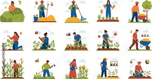 Vector Set of People Working in the Garden and Farm: Flat Illustrations of Diverse Farmers Planting, Watering, Raking, and Harvesting Fruits and Vegetables for Agriculture and Gardening Themes