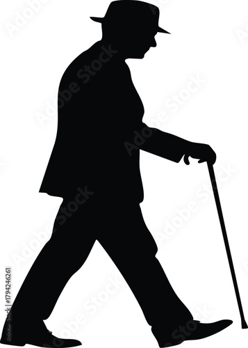 Elegant silhouette of a gentleman in a hat and suit walking with a cane, conveying timeless style and grace.