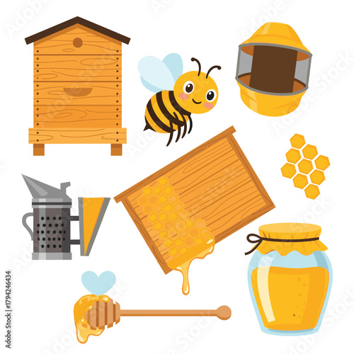 Collection of colorful cartoon beekeeping elements including a beehive, honeybee, protective helmet, and a jar of fresh honey.