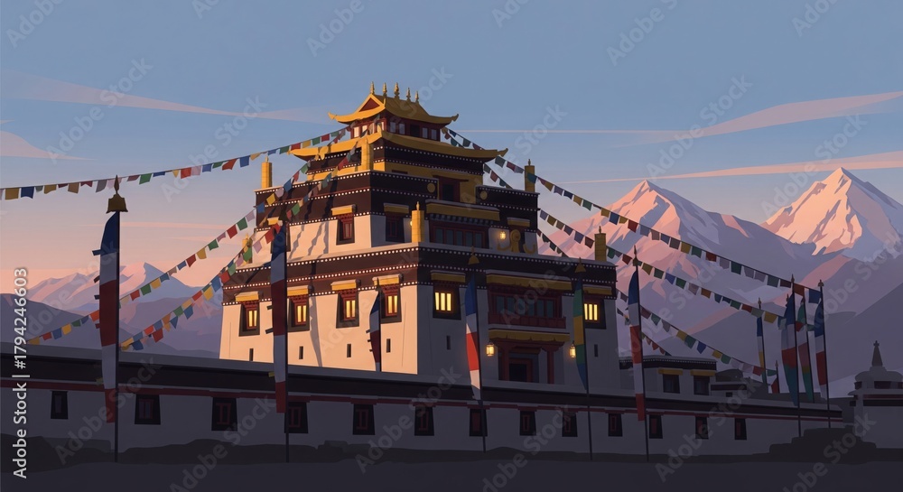 Fototapeta premium Ladakh Monastery at Golden Twilight. Scenic Festive Landscape.