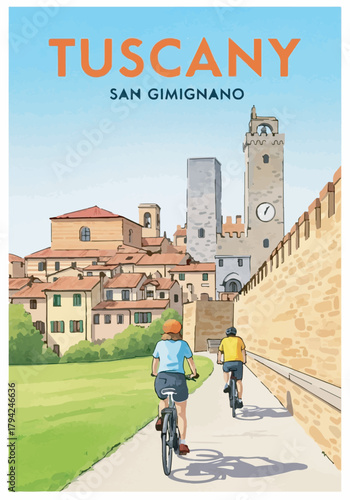 Italian travel illustration of people cycling near a historic walled city, TUSCANY SAN GIMIGNANO